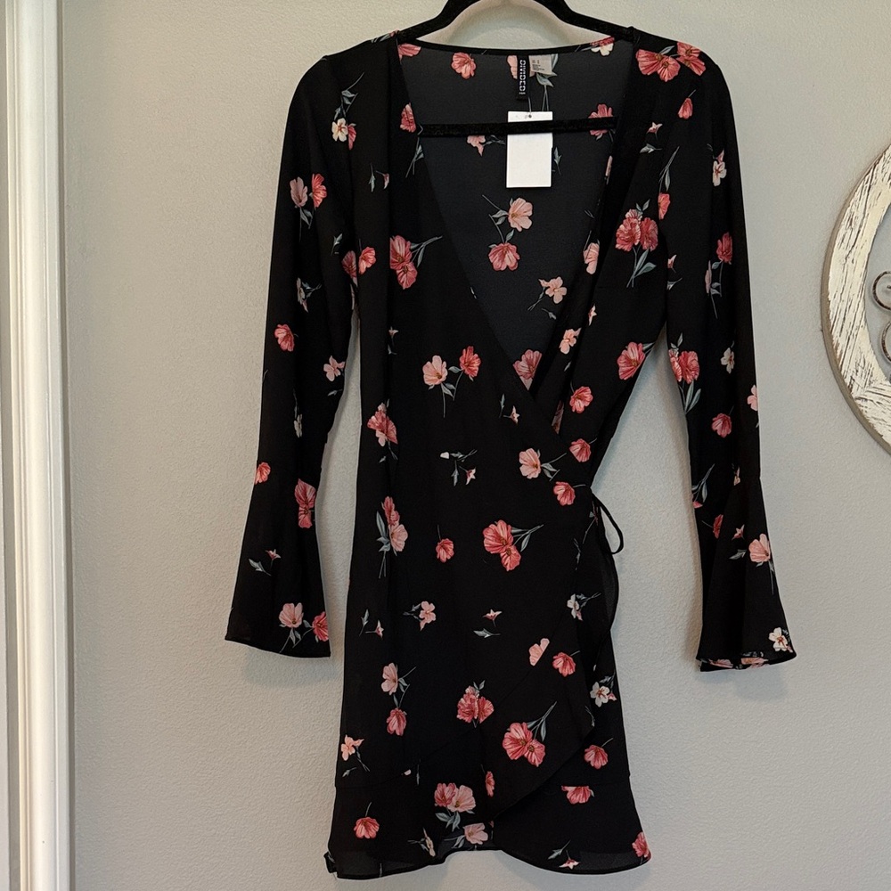 H&M Black and Pink Floral Long Sleeve Dress